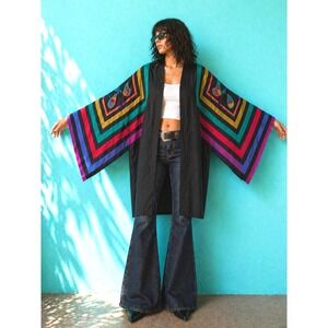 Vintage 70s Silk Rainbow Boho Kimono Soo Yung Lee Geometric Black Robe Duster